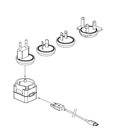 Individual charger. Plug : A, C, G, IV, Input : 110-240V, Output : 5V / 1A